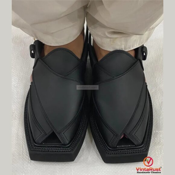 Handmade Black Leather Peshawari Chappal Sandals: Gents Footwear